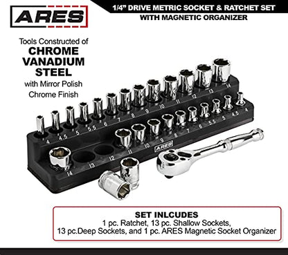 ARES 47003 28-Piece 1/4-inch Drive Metric Socket and 90-Tooth Ratchet Set | Sizes 4mm to 14mm Deep and Shallow Sockets