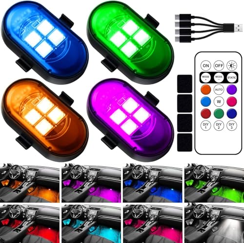 Upgraded Wireless LED Lights for Car, Rechargeable Interior Car Lights with 8 Colors Brightness Adjustable, 12H Battery Life, Remote Control, Mini Strobe Lights for Vehicle Motorcycle Bike Decor - size: 4pcs