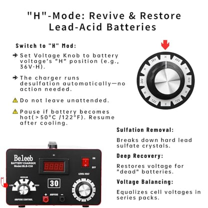 Adjustable Battery Charger 12V 24V 36V 48V 60V 72V Smart LCD Display Pulse Repair Desulfator Cable Clamps Automotive Maintainer for Golf Cart Mower Boats, PWCs Truck RV ATV SUV