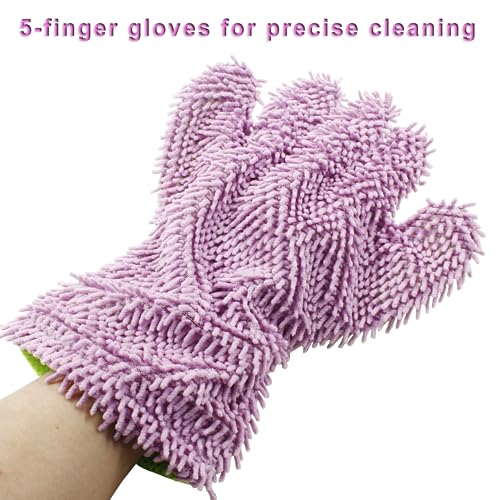 BokWin 2-Pack Car Wash Mitt, Purple | Scratch Free, 5-Finger Microfiber, Chenille Washing Sponge, Interior & Exterior Cleaning, Wheel & Tight Spot Cleaning - color: Purple