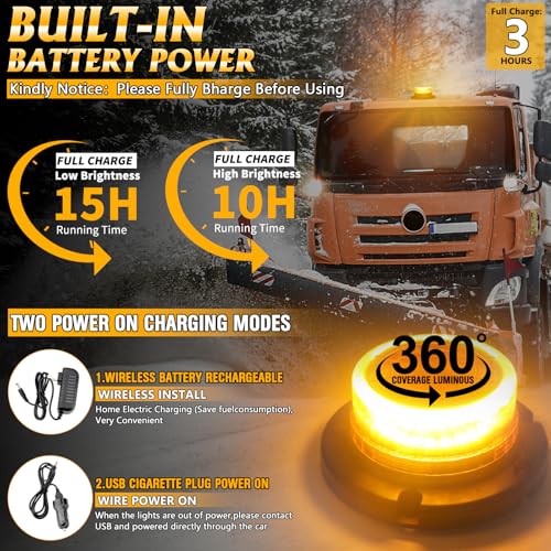 Remote Control Beacon Light, Rechargeable Wireless Amber Flashing Lights with Magnetic,15 Modes, High Low Brightness for Snowplow Tow Work Trucks Tractor - color: Amber