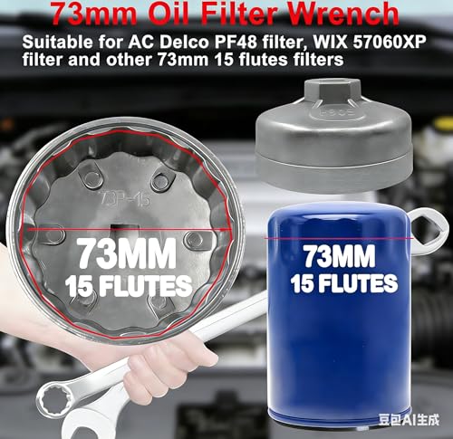 73-74mm Oil Filter Wrench Set 3PCS, 15 Flutes Oil Filter Removal Tool Socket Compatible with AC Delco PF63 PF64 PF46 PF47 PF48 PF48e Oil Filter for Toyota GM Chrysler Chevy Equinox 1.5L (3 PCS)