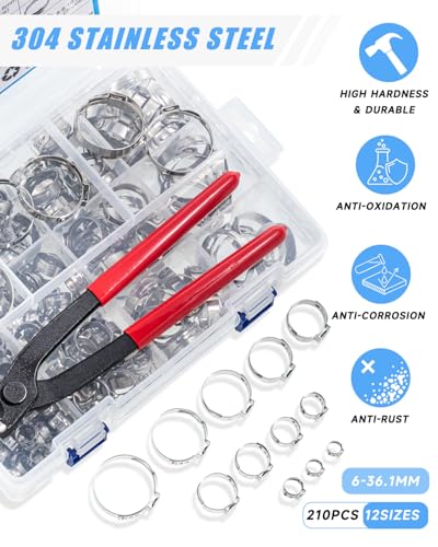 Single Ear Hose Clamp Kit, 210 Pcs, 12 Sizes 6-36.1mm (1/4"-1.4") | 304 Stainless Steel, With Pincer Tool, Fuel Line Clamps, For Automotive, Pneumatic, Garden Hose, Kegerator, PEX, Dishwasher - size: 12 Sizes (6-36.1 mm) with Pincer