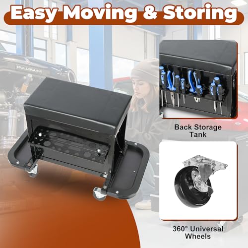 Rolling Stool Mechanic Creeper Shop Stools with Wheels Rolling Tool Chest with 3 Drawers and 2 Fold-Down Side Trays, Universal Wheels and Seat Cushion for Garage, Black