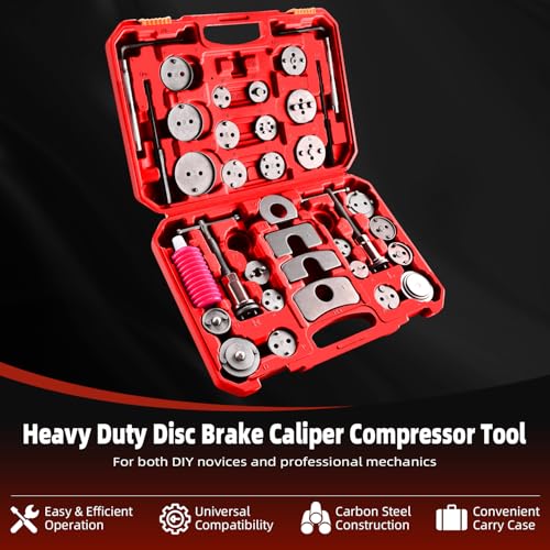 8MILELAKE 35pcs Disc Brake Caliper Tool Kit, Heavy Duty Disc Brake Piston Caliper Compressor Rewind Tool for Brake Pad Replacement, Fits Most American, European, Japanese Autos (Red) - color: Red