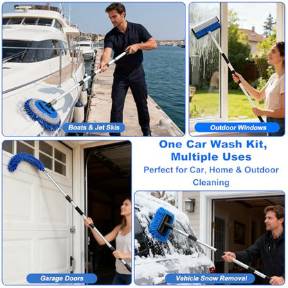 XCBYT Upgraded Car Wash Brush with Long Handle, 69'' Flow-Through RV Wash Brush Kit with Soft Bristle Brush, Chenille Mop, Squeegee & Duster, Adjustable Aluminum Pole Car Cleaning Kit for SUV RV Truck