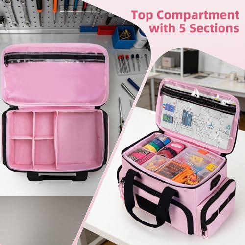 Pink Tool Bag for Women with 2 Clear Pouches, Double Layer Tool Box | 12-inch Tool Bag, Double Top Hndle, Adjustable Shoulder Strap, Ideal for Electrician, Carpenters, Repairman