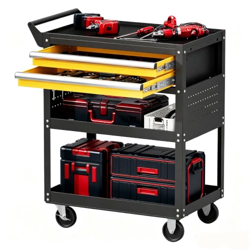 5-Tier Heavy Duty Tool Cart, 400 lbs Capacity Steel Rolling Cart with 2 Lockable Drawers and Pegboard for Garage Workshop Mechanic - size: 5-LAYER (TWO DRAWERS)
