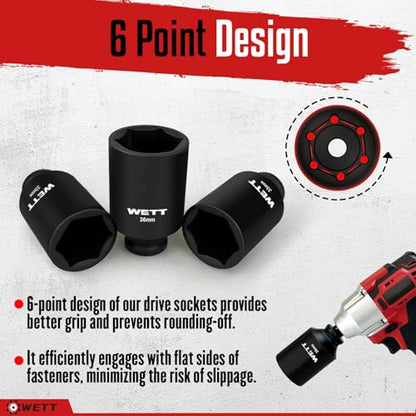 WETT 1/2" Drive Deep Large Impact Socket Set, 9-Piece Spindle Axle Nut Metric 6 Point Sockets Set, CR-V, 29mm-38mm - size: 1-1/8"-1-1/2" (9pc)