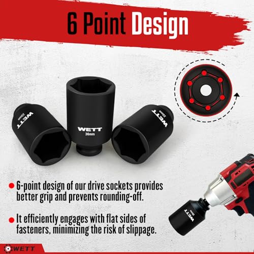 WETT 1/2" Drive Deep Large Impact Socket Set, 9-Piece Spindle Axle Nut Metric 6 Point Sockets Set, CR-V, 29mm-38mm - size: 1-1/8"-1-1/2" (9pc)