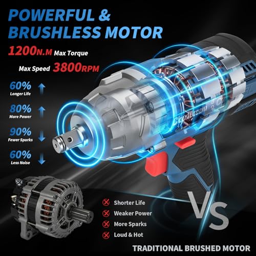 1/2 Inch Cordless Impact Wrench,900Ft-lbs (1200N.m) Brushless Electric Impact Gun,3800RPM High Torque Electric Impact Driver Kit with 2 Batteries,Fast Charger,5 Sockets,Case for Car Tires,Mower,Pickup