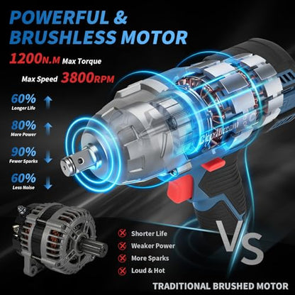 1/2 Inch Cordless Impact Wrench,900Ft-lbs (1200N.m) Brushless Electric Impact Gun,3800RPM High Torque Electric Impact Driver Kit with 2 Batteries,Fast Charger,5 Sockets,Case for Car Tires,Mower,Pickup