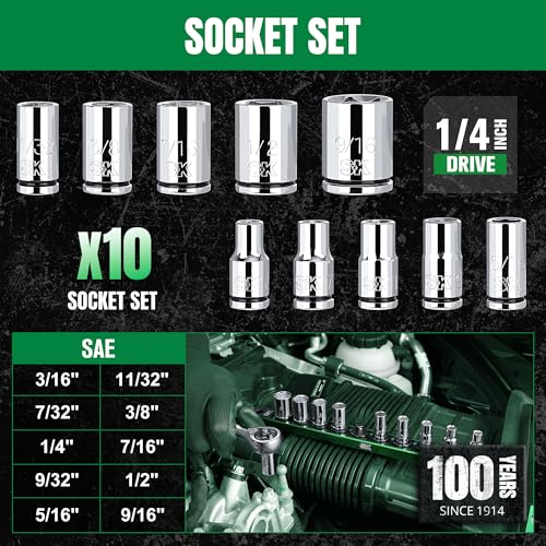SK 1/4" Drive Socket Set, SAE Sockets, 10-Piece 3/16" to 9/16" | SuperKrome Finish, Premium CR-V Steel, with Aluminum Socket Organizer - size: 0.19 - 0.56 inch, style: Shallow