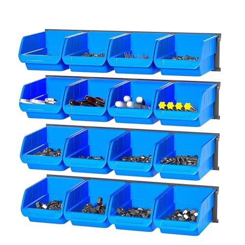 Ultrawall Wall Mounted Storage Bins, Plastic Hanging Storage Organizer Bins, Garage Tool Storage System for Screws, Nuts, Bolts, Nails, and Small Hardware Parts, 16x bins & 4 x rails, Blue - color: Blue