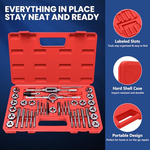 40 PCS SAE Tap and Die Set, Standard Inch Threading Tool Kit for Internal and External Threads, Tap & Die Set with Wrenches for Automotive, DIY, and Metal Repair - size: 40 Pcs SAE