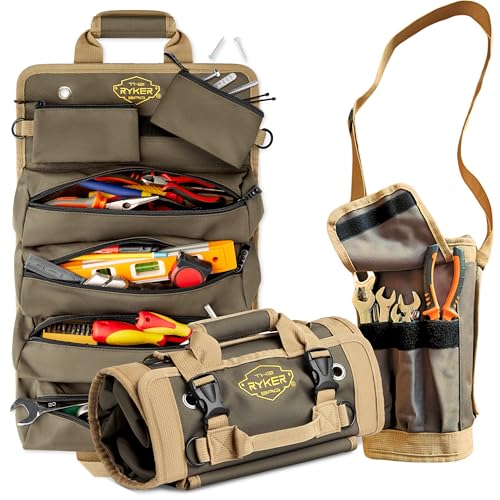 Ryker Original Heavy Duty Tool Roll Up Bag Organizer w/Accessible Pouches | Motorcycle & Truck Accessories Gadgets for Men. Plumbing Tools Kit Pouch Work Tool Bag. Socket Wrench Tool Box Organizer - color: AP-TR