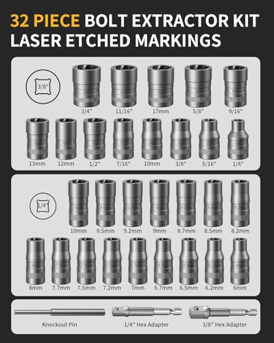 Bolt Extractor Kit, 32 Piece Easy Out Lug Nut Removal Tool, 1/4" & 3/8" Drives Damaged Bolt Extractor Socket Set for Stripped, Broken, Rusted, Rounded Fasteners - size: 32Pcs