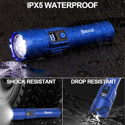 Rechargeable Tactical Flashlights 2000 High Lumens - 5000mAh Super Bright LED Powerful Flash Light, Waterproof Handheld USB C Flashlight for Home,Car,Camping,Emergencies,5 Modes,Zoomable (1, Blue) - color: Blue