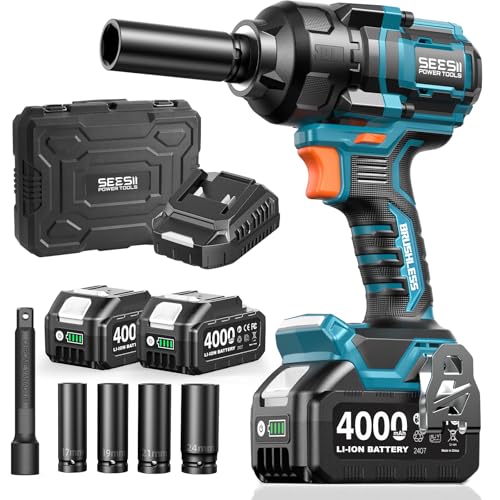 Seesii Impact Wrench 886 FT-LBS(1200N.m) 2900IPM 1/2 Impact Gun High Torque Electric Impact Driver Cordless Impact Wrench with 21V 2x4.0Ah Battery 5 Socket&Case for Home Car Tire Lug Nut Removal Tool - color: Blue With 1200n.m + Two Batteries