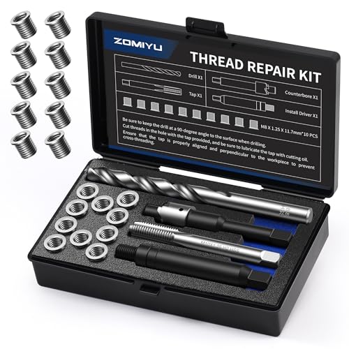 M8x1.25 Metric Thread Repair Kit, One-Piece Inserts (10PCS,11.7mm) | 304 stainless steel resists corrosion; HSS drill, tap, counterbore and driver restore worn or stripped internal threads - size: M8 X 1.25