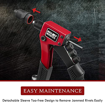 NEU MASTER Rivet Gun with 200 Rivets, Heavy Duty Manual Rivet Gun Kit, 4 Tool-free Interchangeable Heads with Carrying Case, One-hand Pop Riveter for Metal, Plastic, Leather & DIY