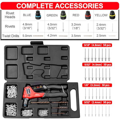 WETOLS Pop Rivet Gun Kit with 200 Blind Rivets,Upgraded Pop Rivet Tool Kit | Manual Single Hand Riveter with 4 Tool-Free Interchangeable Rivet Heads, 4 Drill Bits and Sturdy BMC Carrying Case - size: Regular Rivet Gun