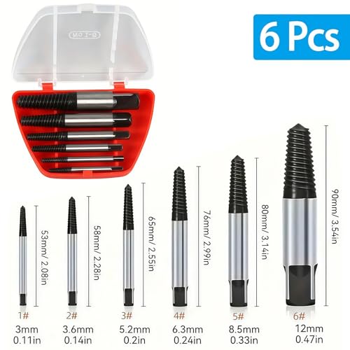 6-PCS Screw Extractor Set - Easy Out Broken Bolt Remover Kit with Drill Guide, Damaged Screw Extraction Tools for 3-9mm Bolts (Hardened Steel, Reverse Thread Design)