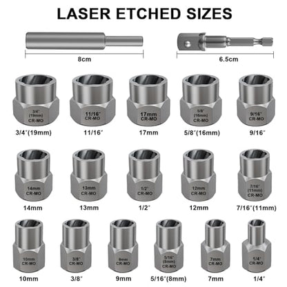 Topec Stripped Bolt Extractor Kit, 18-Piece Bolt Extractor Socket Set, 3/8" Drive Rounded Nut Remover Set for Broken, Rusted Fasteners - color: 18-piece