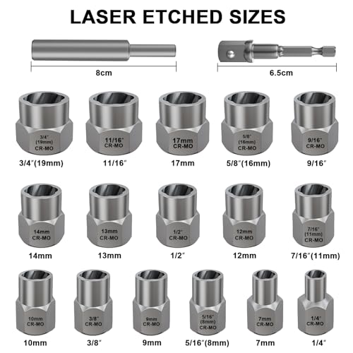 Topec Stripped Bolt Extractor Kit, 18-Piece Bolt Extractor Socket Set, 3/8" Drive Rounded Nut Remover Set for Broken, Rusted Fasteners - color: 18-piece