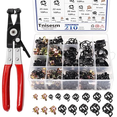 Tnisesm 210Pcs 6-25mm Spring Band Hose Clamps Assortment kits with Swivel Flat Hose Clamp Plier, Spring Band Type Fuel Line Silicone Vacuum Hose Steel Clamp,Low Pressure Air Clip Clamp - size: 210Pcs - 12 Sizes + Plier