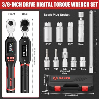 VANPO Spark Plug Socket Set with Digital Torque Wrench 3/8, 2.2-44.2 ft.lb | 3-60 N.m, ±2% Accuracy, Spark Plug Wrench with LED Buzzer Alert, Ideal for Motorcycle & Engine Repair - size: 3/8-Inch (2.21-44.25 ft.lb/3-60 N.m)