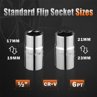 Extendable Lug Wrench with Flip Sockets, 4PCS Tire Tool Kit | Adjustable 15.2" to 20.7", Includes 17/19mm & 21/23mm CR-V Sockets & Storage Pouch - size: 20.7in(17/19mm,21/23mm)