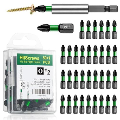 50 Pcs Phillips Bits #2 Impact 1" + Magnetic Bit Holder, S2 Steel Magnetic Screwdriver Bits for Impact Drivers, Home Repair & DIY Use - size: 1"-51pcs