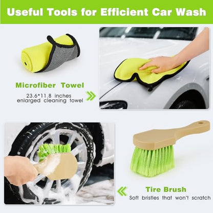 7-in-1 Car Wash Brush Kit with 15° Curved Long Handle for Cars | Car Cleaning Kit with 2 Replaceable Car Washing Mop, Wash Sponge, Mitt, Towel, Tire Brush for RV SUV Truck, Green