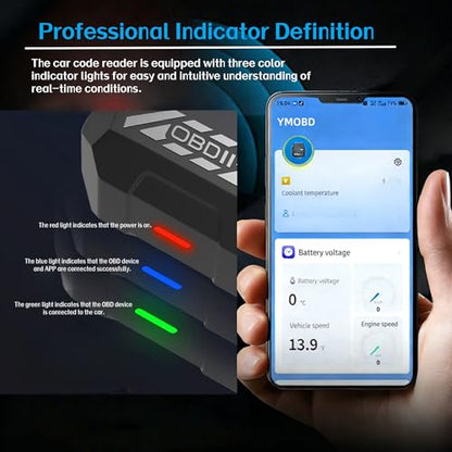 Wireless Bluetooth OBD2 Scanner, Auto Code Reader with Check Engine Light Reset, Live Data & I/M Readiness, USB Car Diagnostic Tool for iOS Android, Free YMOBD App, Compatible with Torque AlfaOBD