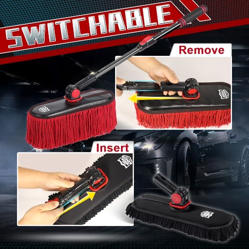 Car Duster Exterior, Dual Head, 4 Pcs, Black | Telescoping pole for boats. Chenille auto wash brush scrubs grime, while dry mop sweeps dust. - color: Red Black