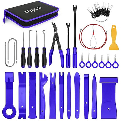 Nilight 40Pcs Trim Removal Tool,Auto Terminal Removal Tool,Auto Clip Pliers Stereo Removal Tools,Car Upholstery Repair Kit,Precision Hook and Pick Set,Wiring Threader,Car Film Scrape (Blue) - color: Blue, size: 40Pcs