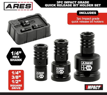 ARES 22035 – 3-Piece Impact Grade Quick Release Bit Holder Set – 1/4-Inch, 3/8-Inch, and 1/2-Inch Drive - Compatible With 1/4-Inch Hex Shank Bits - Quick Release Mechanism for Rapid Attach and Release - size: 3-Piece Impact Grade Quick Release Bit Holder