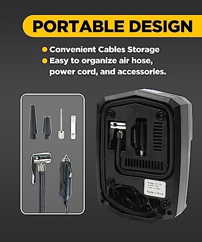 YAKEFLY Tire Inflator Portable Air Compressor,12V DC Car Tire Pump with Digital Pressure Gauge,150 PSI Auto Shut Off with Emergency LED Flasher,Air Compressor Tire Inflator