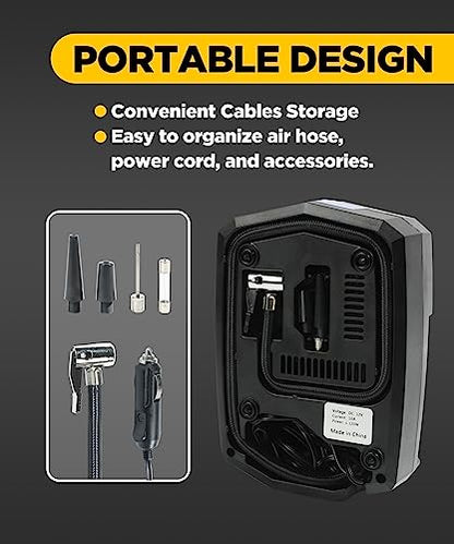 YAKEFLY Tire Inflator Portable Air Compressor,12V DC Car Tire Pump with Digital Pressure Gauge,150 PSI Auto Shut Off with Emergency LED Flasher,Air Compressor Tire Inflator