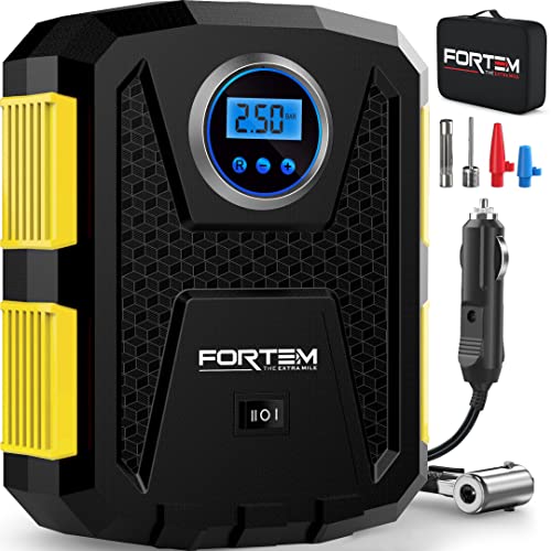 FORTEM Tire Inflator Portable Air Compressor, Air Pump for Car Tires and Bikes, Car Tire Pump w/Auto Shut Off, 150 PSI, 12V DC, LED Light, Carrying Case, Perfect For Men, Women - color: Yellow, size: Medium