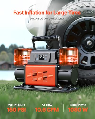 VEVOR Dual-Cylinder Heavy Duty Air Compressor, 10.6CFM Auto-Stop Portable Tire Inflator, 12V 150PSI Offroad Air Pump with LCD Digital Display & Adapters for Truck Car SUV 4 x 4 Vehicle RV - style: 10.6 CFM Auto-Stop