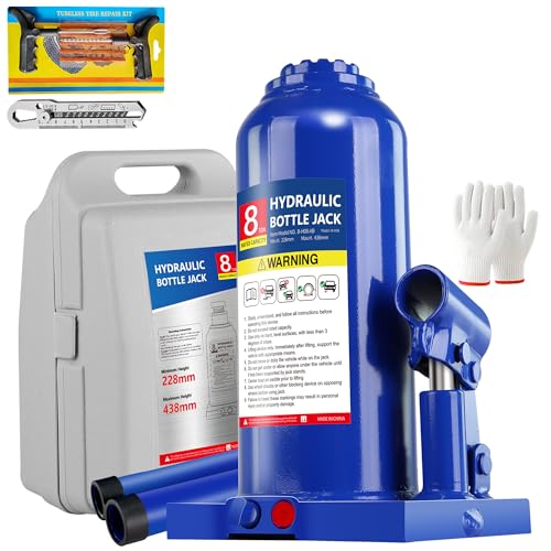 8T Hydraulic Bottle Jack, 16,000 lbs, with Tire Kit | Welded steel jack for RVs, heavy pickups. 8.98"-17.24" lift. Portable, no power needed. - color: 8 Ton Basic with Tire Repair Kit
