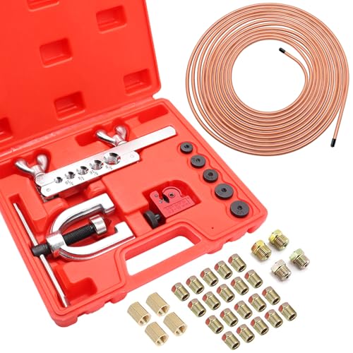 25 ft 1/4Inch Copper Coated Brake Line Kit(Includes 24 Fittings and 4 Unions) with Double & Single Flaring Tool Kit - size: 1/4 Inch Gold, style: Brake Line Kit