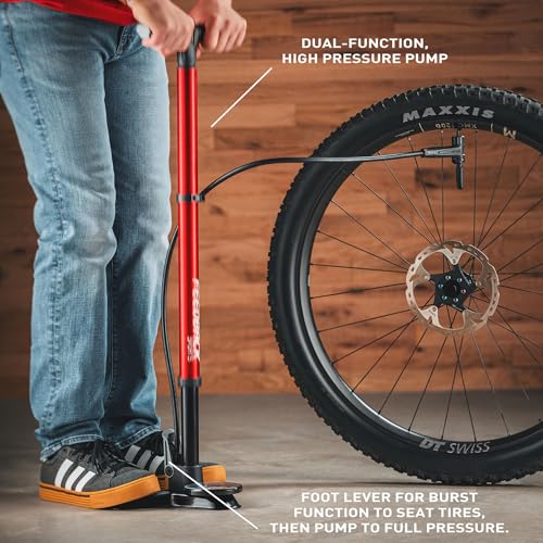 FEEDBACK SPORTS Pneuma CC Compact Charger Floor Pump for Tubeless Tires | Hidden air tank seats tubeless tires with a burst of air; oversized gauge, stable base and accessory storage included