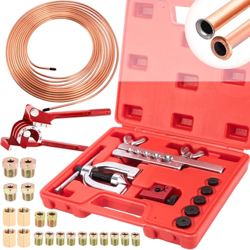 3/16" Brake Line Repair Kit - Double & Single Brake Line Flaring Tool Kit 1/4" 5/16" (with Tube Cutter & 5 Adapters) + 25Ft Copper Coated Brake Line (with 4 Unions & 16 Fittings) + Brake Line Bender