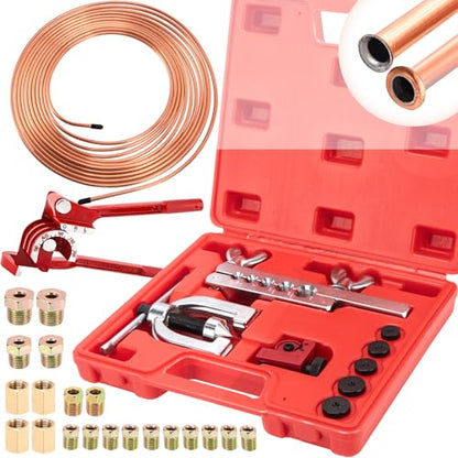 3/16" Brake Line Repair Kit - Double & Single Brake Line Flaring Tool Kit 1/4" 5/16" (with Tube Cutter & 5 Adapters) + 25Ft Copper Coated Brake Line (with 4 Unions & 16 Fittings) + Brake Line Bender