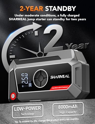 Sharmeal Jump Starter with Air Compressor, 7000A Car Battery Jump Starter (All Gas /12.0L Diesel), 200PSI Jump Starter Power Pack Portable 12V Jump Box with Jumper Cables, LED Light - color: Grey-7000A+ Air Compressor