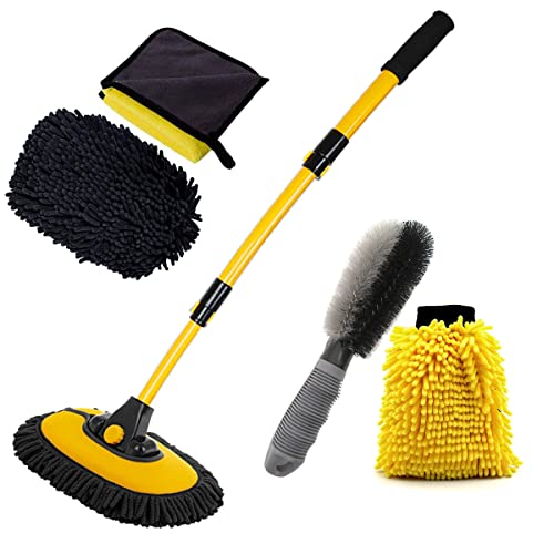 BMLEI Car Wash Brush with Long Handle, Chenille Microfiber Mop Mitt with 1 Replacement Head, Wheel Brush Extension Pole Cleaning Kit & Towels for Cars & Trucks - 5PCS - color: 5pcs Yellow Mop Washing Set