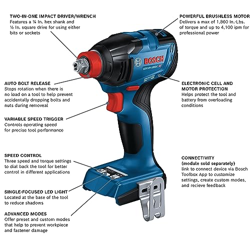 Bosch GDX18V-1860CN 18V Connected-Ready Two-In-One 1/4 In. and 1/2 In. Bit/Socket Impact Driver/Wrench (Bare Tool) | 1, 860 In-Lb Torque, 1/4 in Hex and 1/2 in Square Drive, Brushless Motor, 3-Speed Plus Advanced Modes, Connected-Ready - style: Industrial
